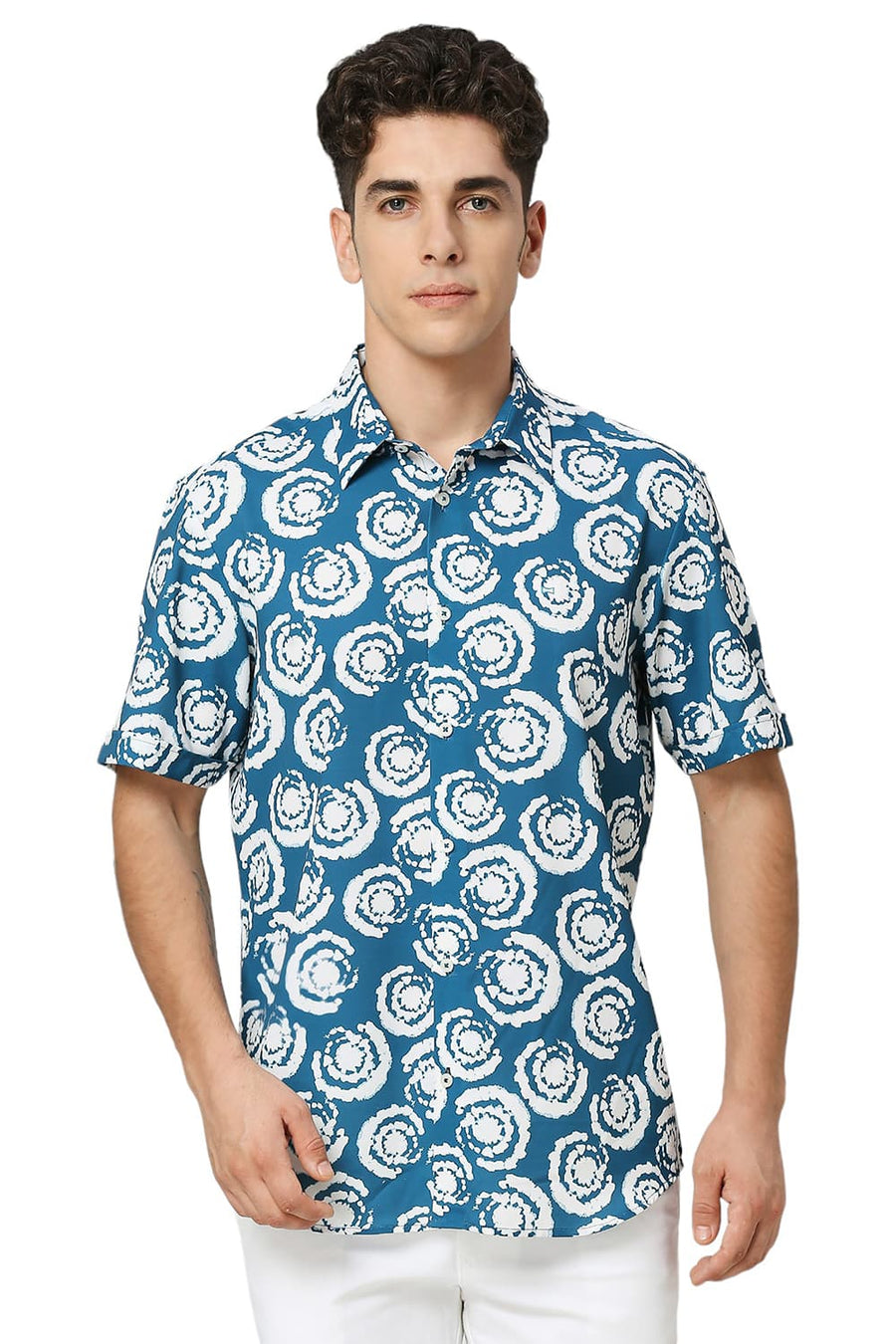 BASICS SLIM FIT CORSAIR AQUA POLYESTER PRINTED HALFSLEEVES SHIRT