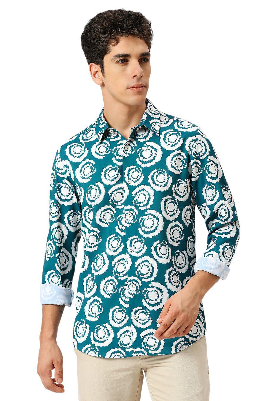 BASICS SLIM FIT CORSAIR AQUA POLYESTER PRINTED SHIRT