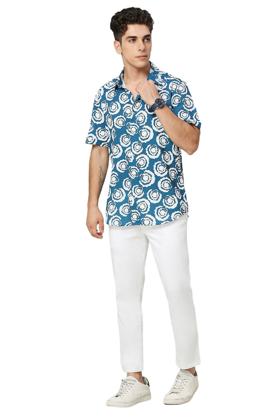 BASICS SLIM FIT CORSAIR AQUA POLYESTER PRINTED HALFSLEEVES SHIRT