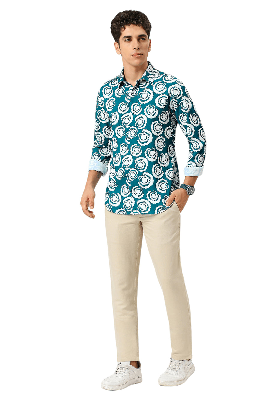 BASICS SLIM FIT CORSAIR AQUA POLYESTER PRINTED SHIRT