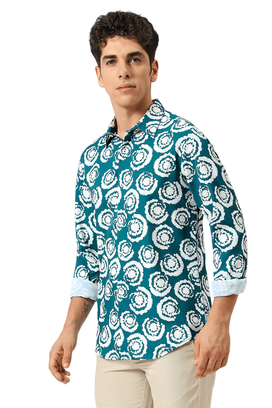 BASICS SLIM FIT CORSAIR AQUA POLYESTER PRINTED SHIRT