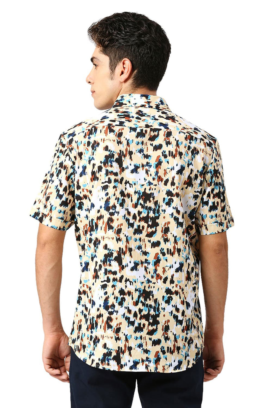BASICS SLIM FIT PINEAPPLE YELLOW POLYESTER PRINTED HALFSLEEVES SHIRT