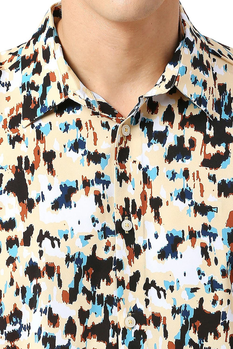 BASICS SLIM FIT PINEAPPLE YELLOW POLYESTER PRINTED HALFSLEEVES SHIRT