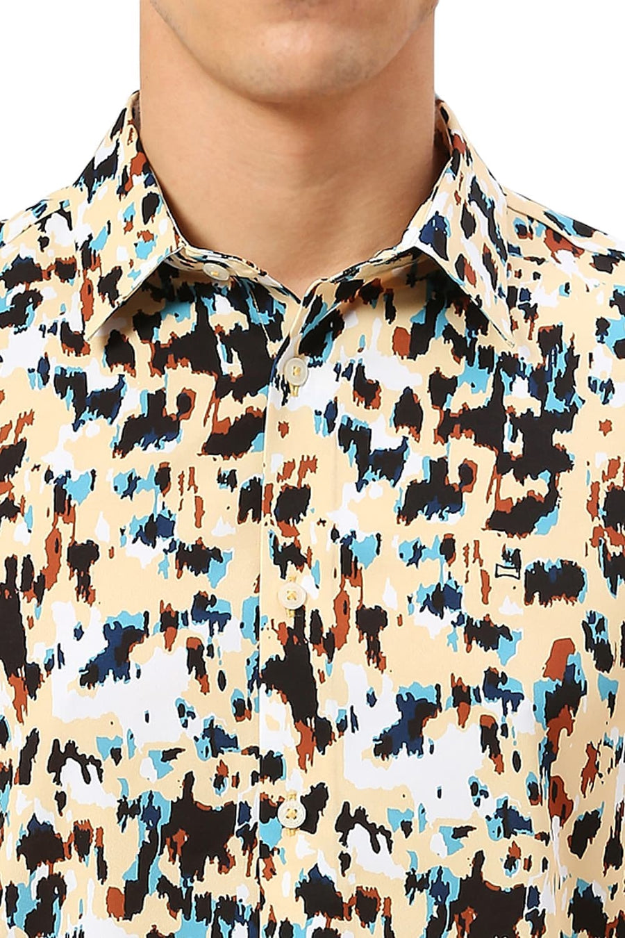 BASICS SLIM FIT PINEAPPLE YELLOW POLYESTER PRINTED SHIRT