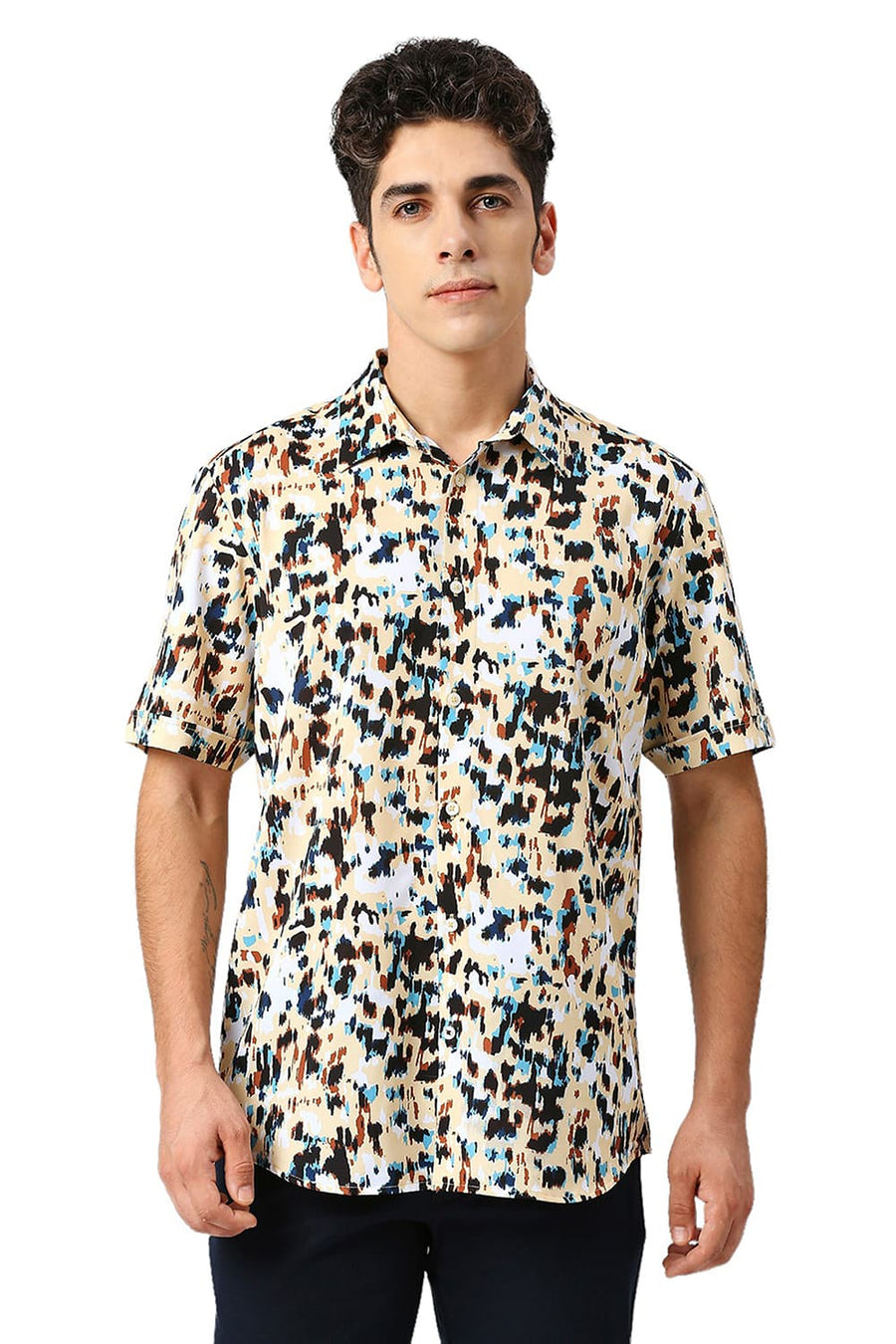 BASICS SLIM FIT PINEAPPLE YELLOW POLYESTER PRINTED HALFSLEEVES SHIRT
