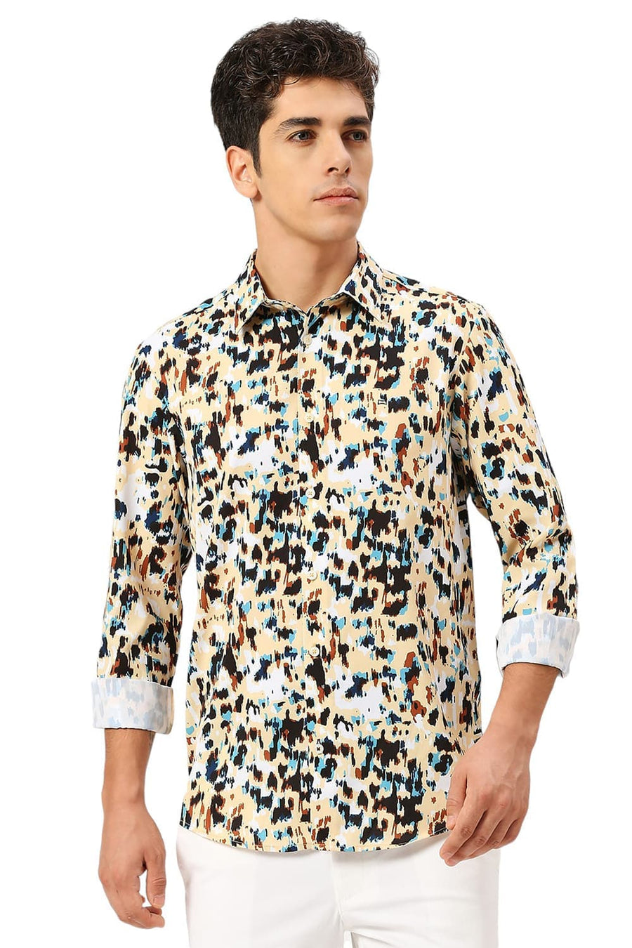 BASICS SLIM FIT PINEAPPLE YELLOW POLYESTER PRINTED SHIRT