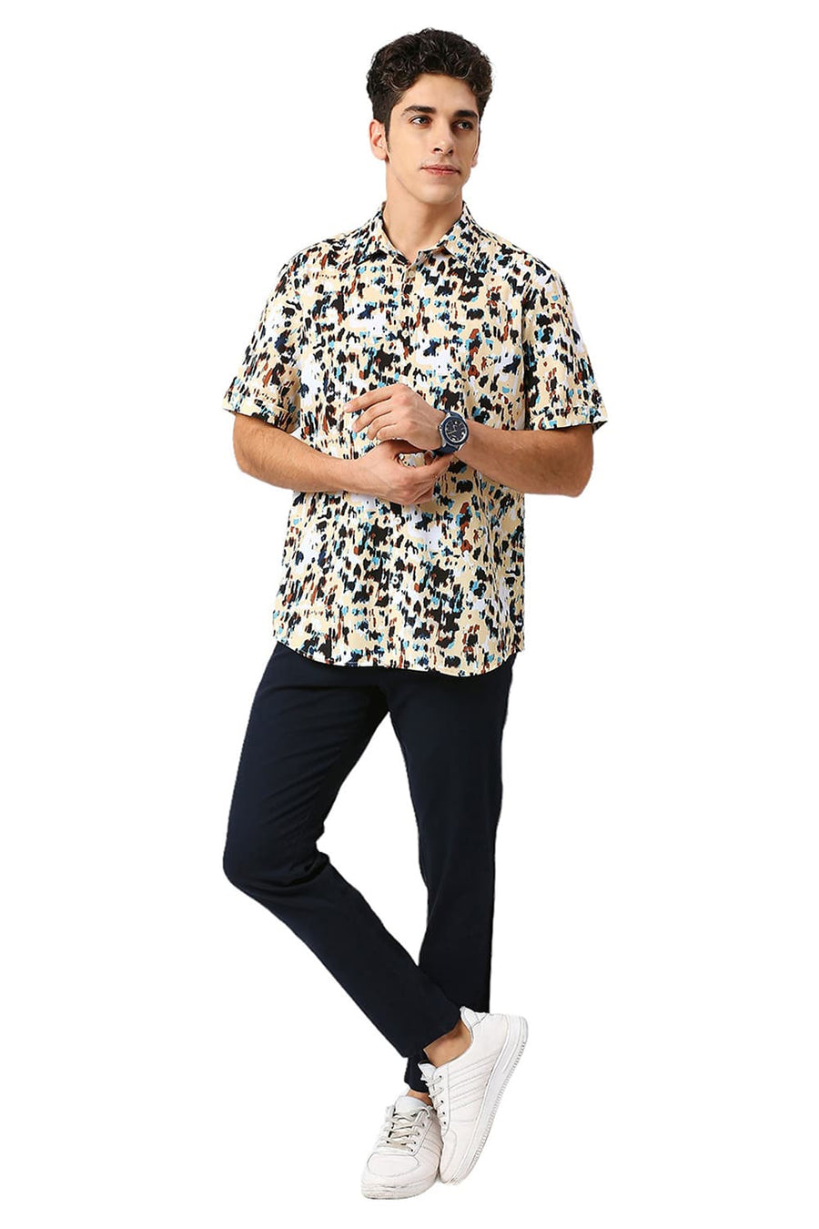 BASICS SLIM FIT PINEAPPLE YELLOW POLYESTER PRINTED HALFSLEEVES SHIRT