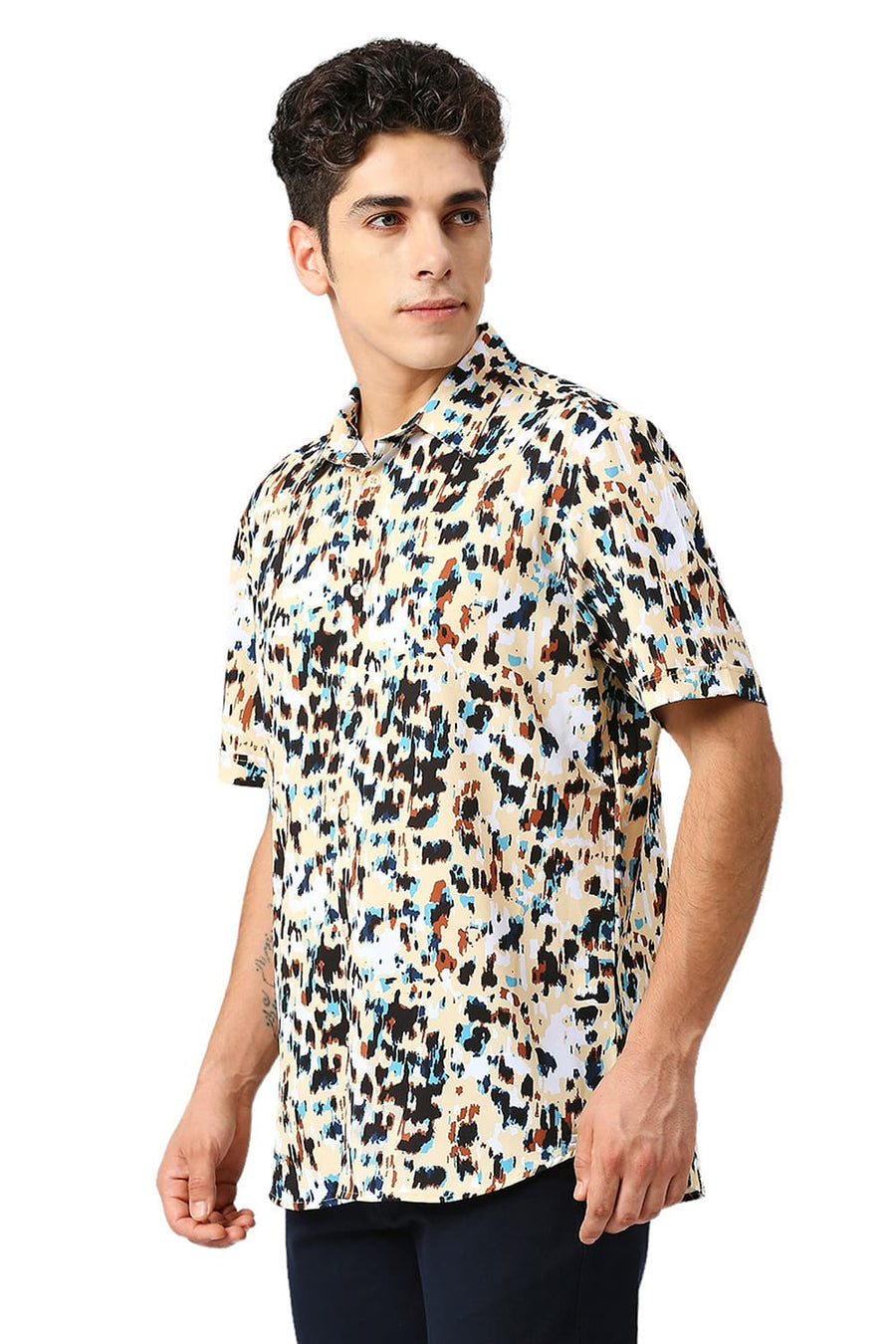 BASICS SLIM FIT PINEAPPLE YELLOW POLYESTER PRINTED HALFSLEEVES SHIRT
