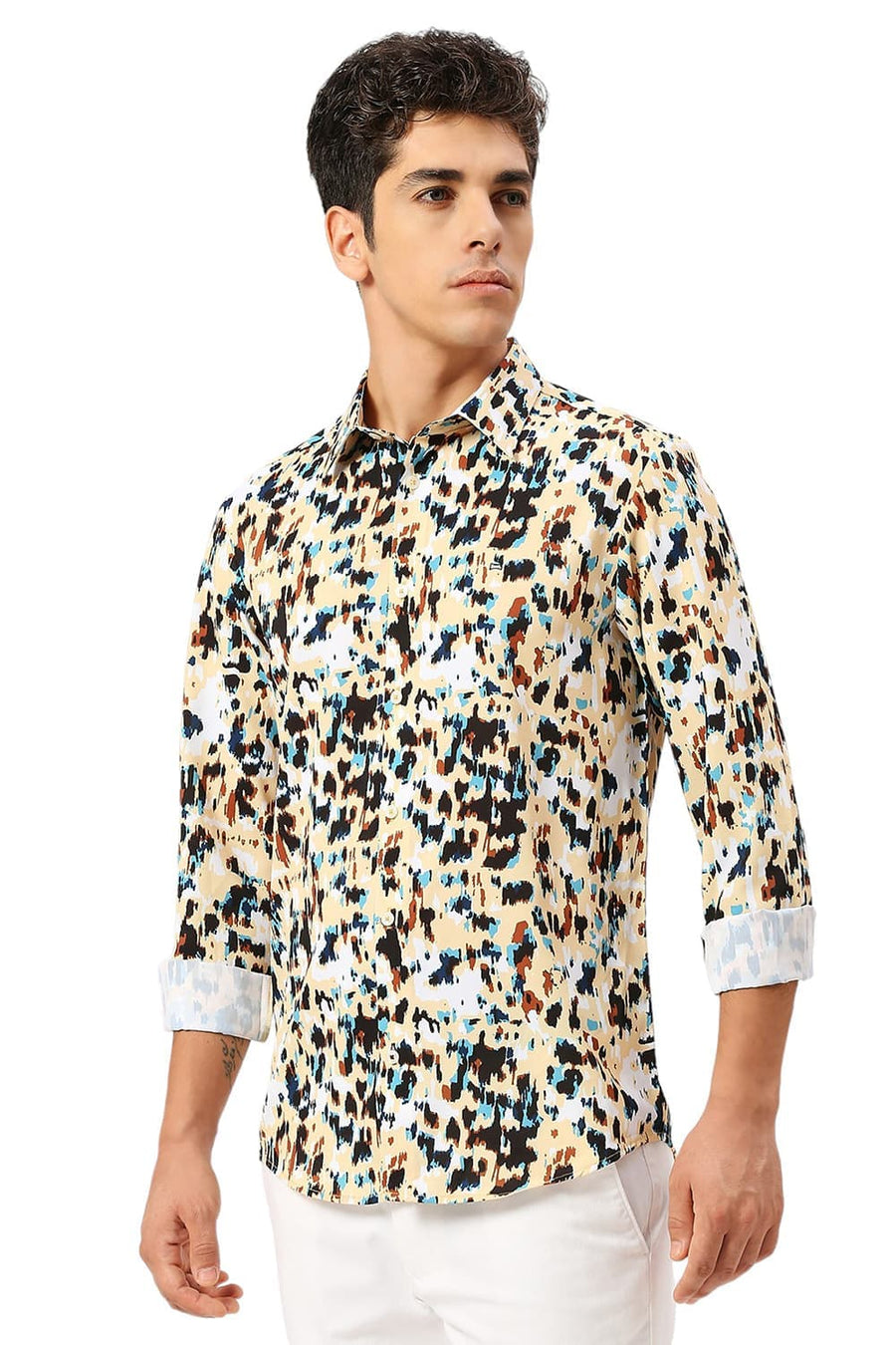 BASICS SLIM FIT PINEAPPLE YELLOW POLYESTER PRINTED SHIRT