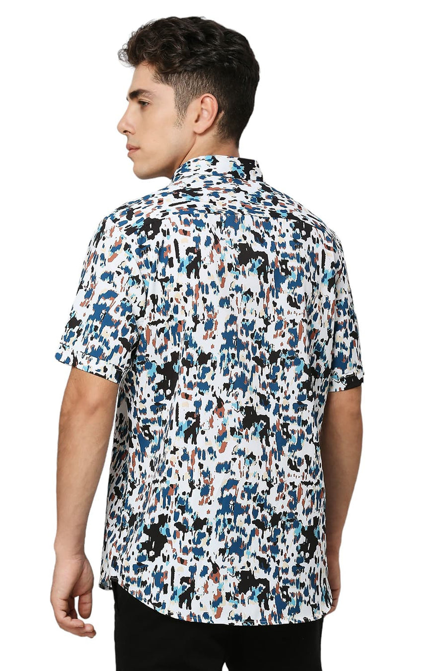 BASICS SLIM FIT ECRU MARSHMALLOW POLYESTER PRINTED HALFSLEEVES SHIRT