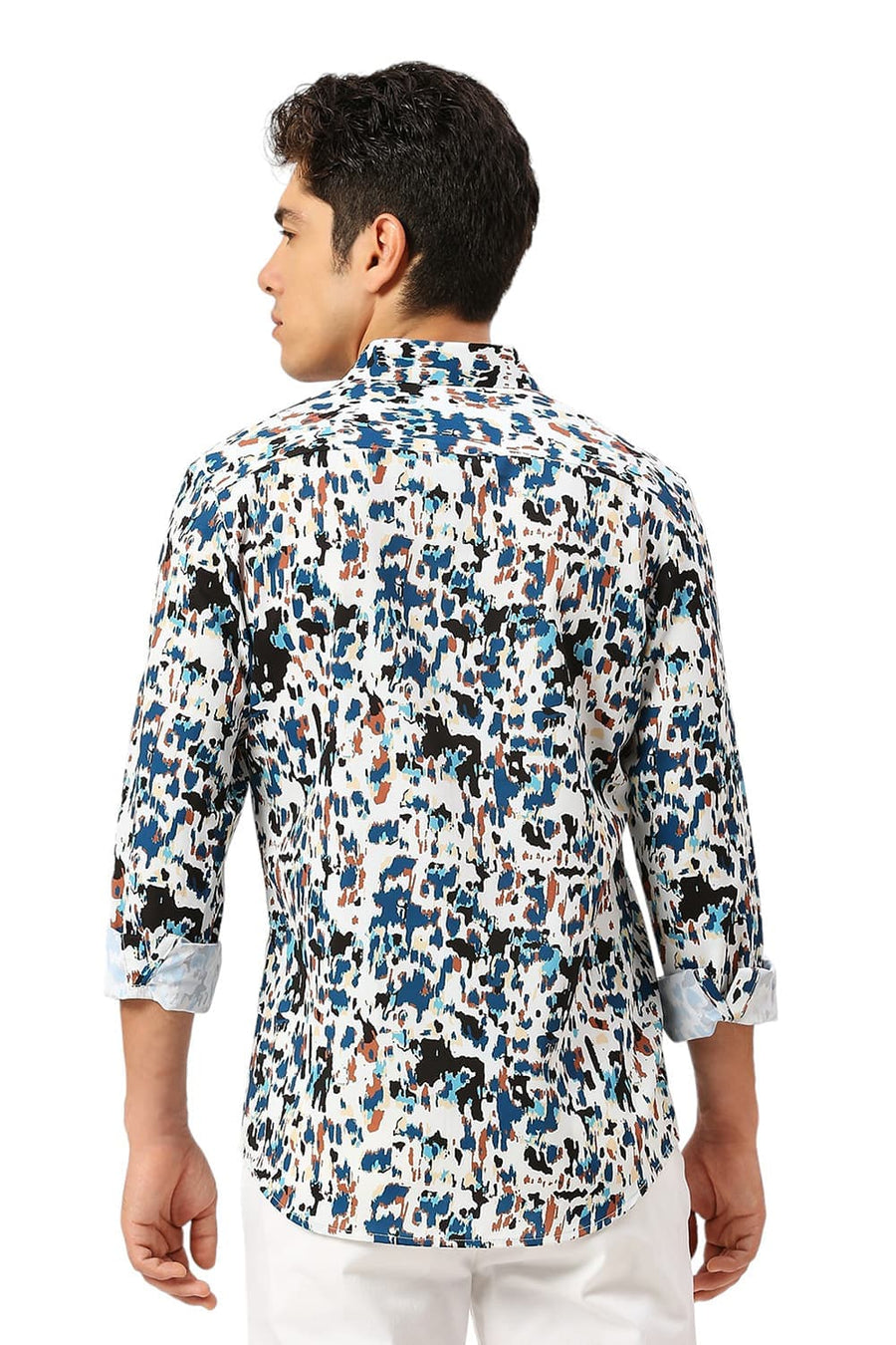 BASICS SLIM FIT ECRU MARSHMALLOW POLYESTER PRINTED SHIRT