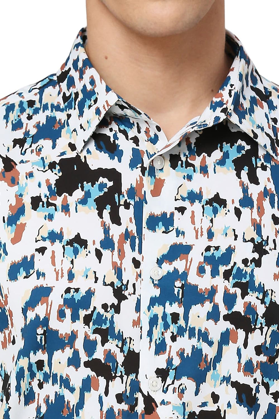 BASICS SLIM FIT ECRU MARSHMALLOW POLYESTER PRINTED HALFSLEEVES SHIRT