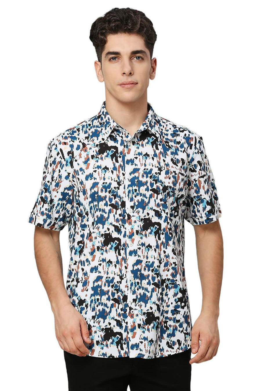 BASICS SLIM FIT ECRU MARSHMALLOW POLYESTER PRINTED HALFSLEEVES SHIRT