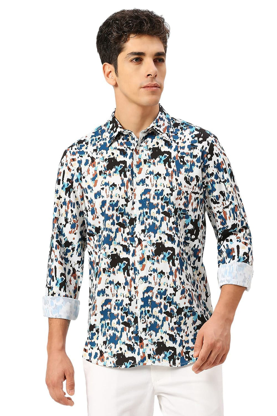 BASICS SLIM FIT ECRU MARSHMALLOW POLYESTER PRINTED SHIRT