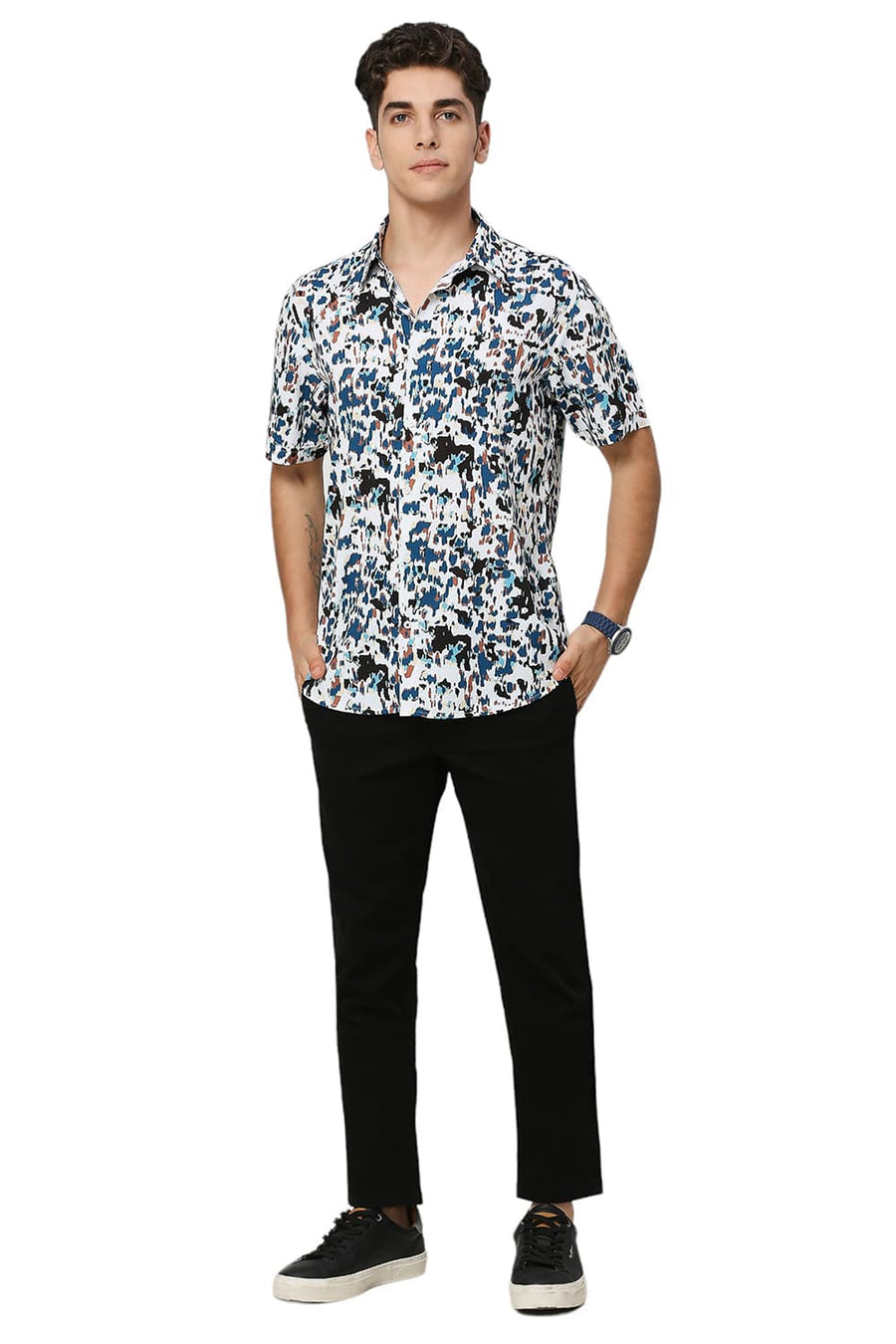 BASICS SLIM FIT ECRU MARSHMALLOW POLYESTER PRINTED HALFSLEEVES SHIRT