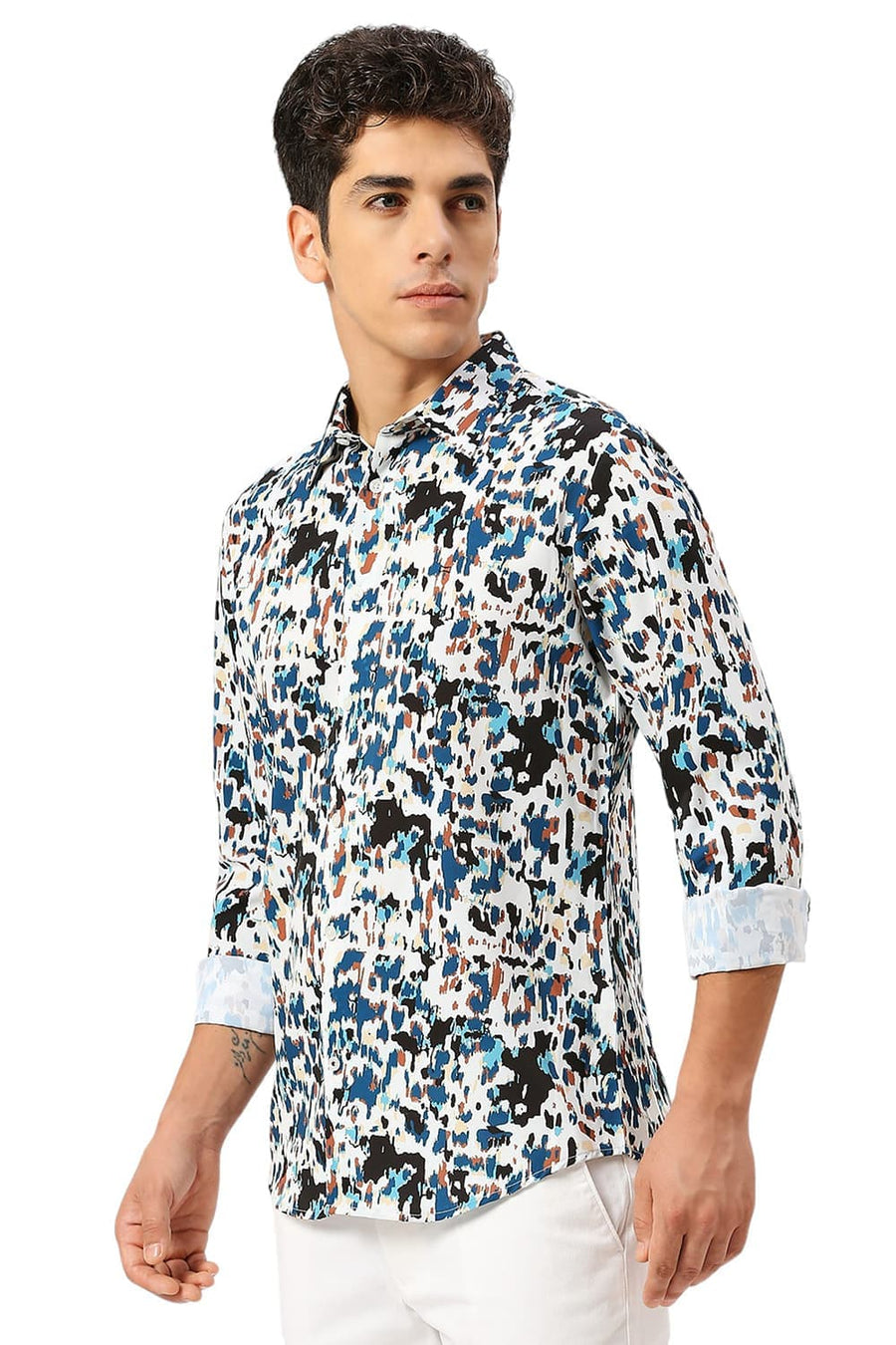 BASICS SLIM FIT ECRU MARSHMALLOW POLYESTER PRINTED SHIRT