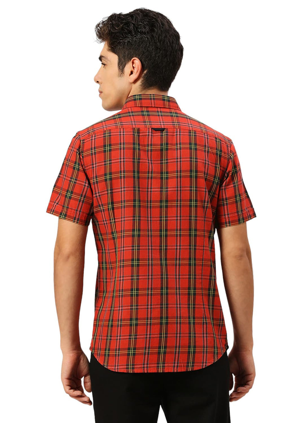 BASICS SLIM FIT AURORA RED COTTON TWILL CHECKS HALFSLEEVES SHIRT