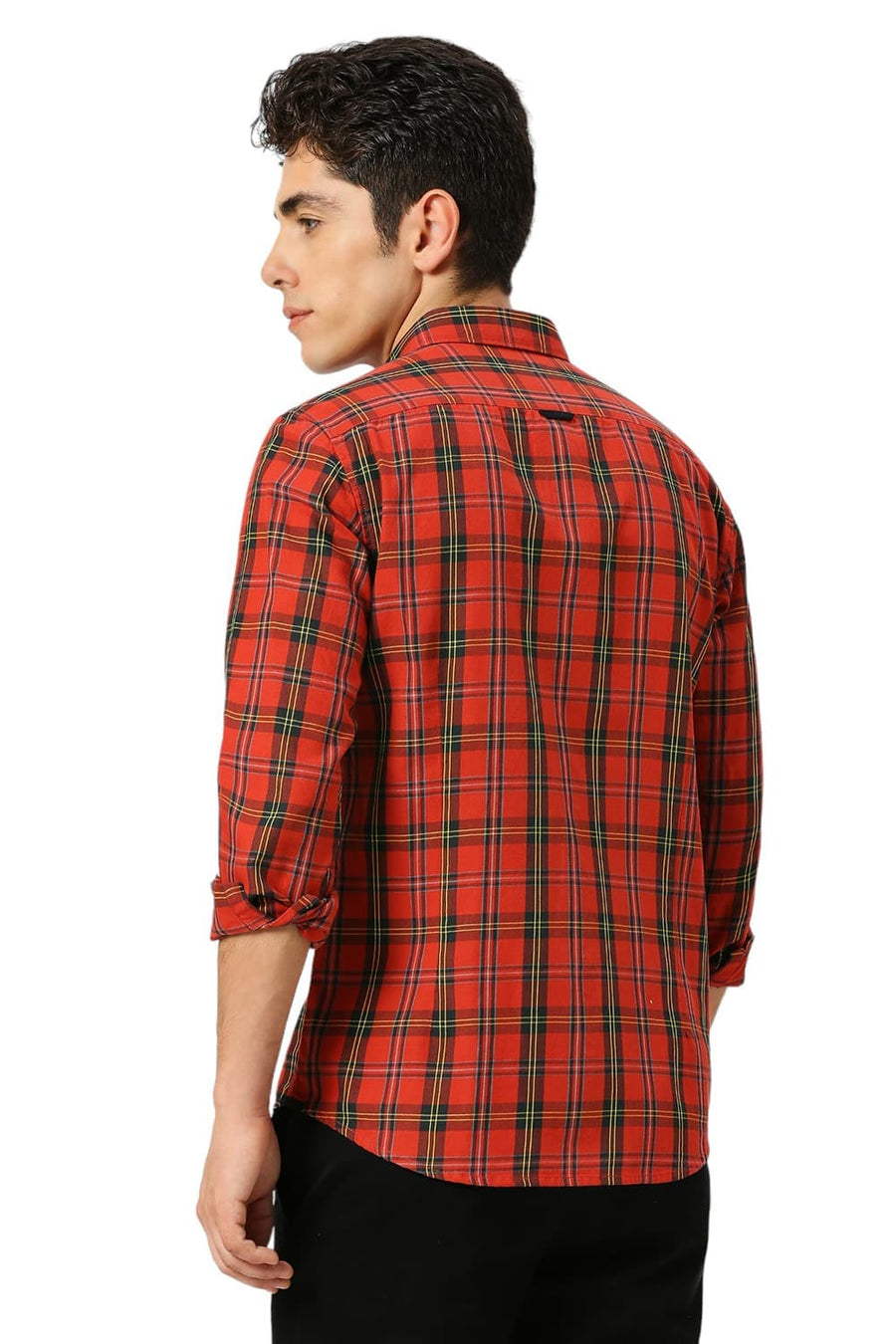 BASICS SLIM FIT AURORA RED COTTON TWILL CHECKS SHIRT