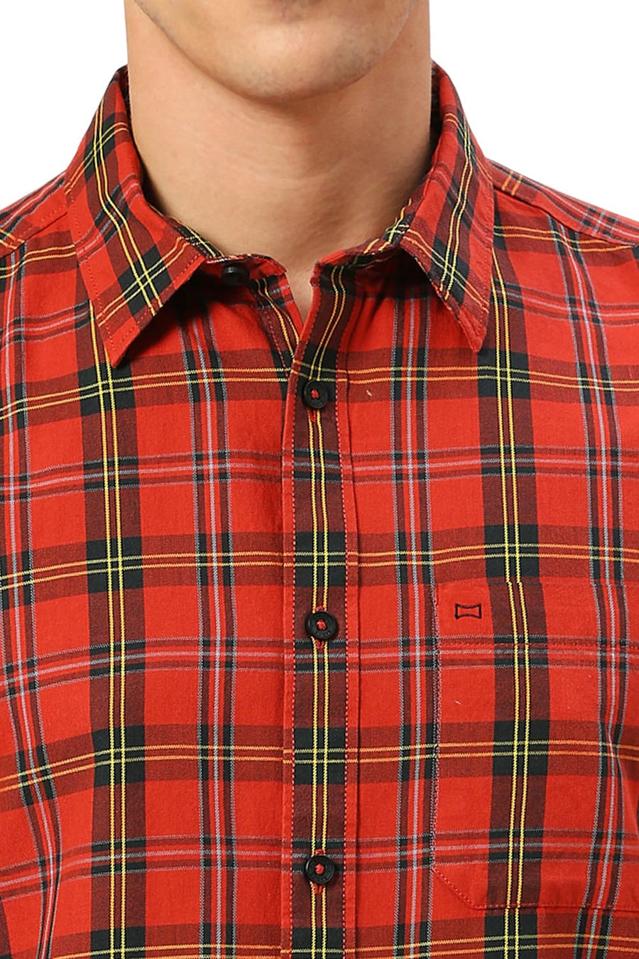 BASICS SLIM FIT AURORA RED COTTON TWILL CHECKS HALFSLEEVES SHIRT
