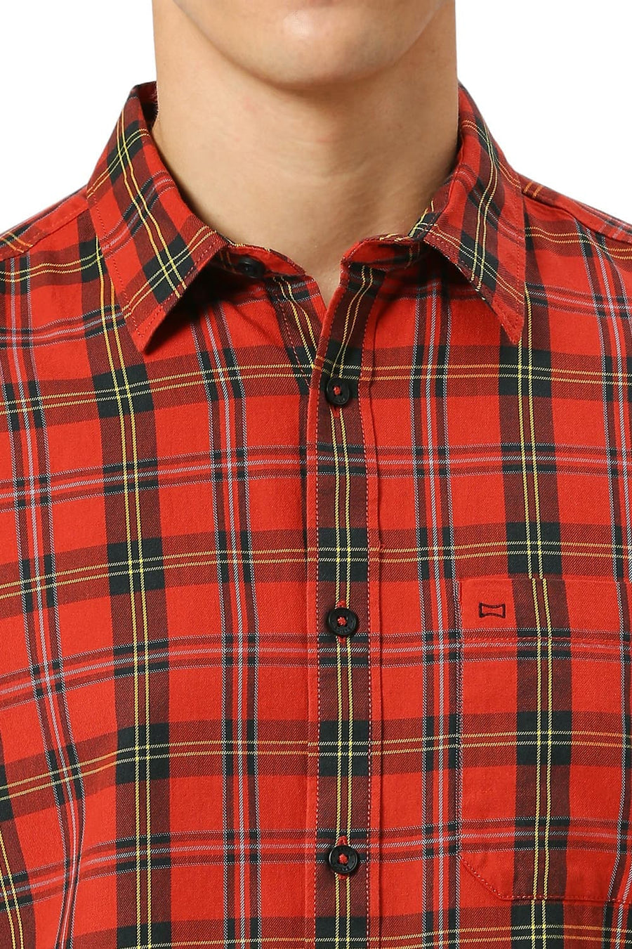 BASICS SLIM FIT AURORA RED COTTON TWILL CHECKS SHIRT
