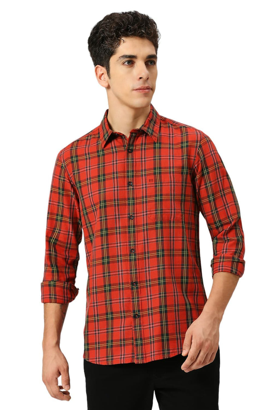 BASICS SLIM FIT AURORA RED COTTON TWILL CHECKS SHIRT