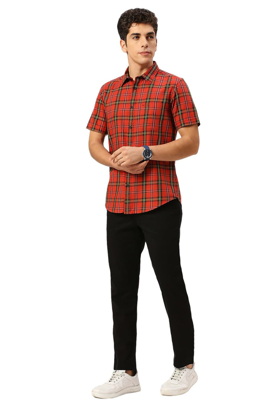 BASICS SLIM FIT AURORA RED COTTON TWILL CHECKS HALFSLEEVES SHIRT