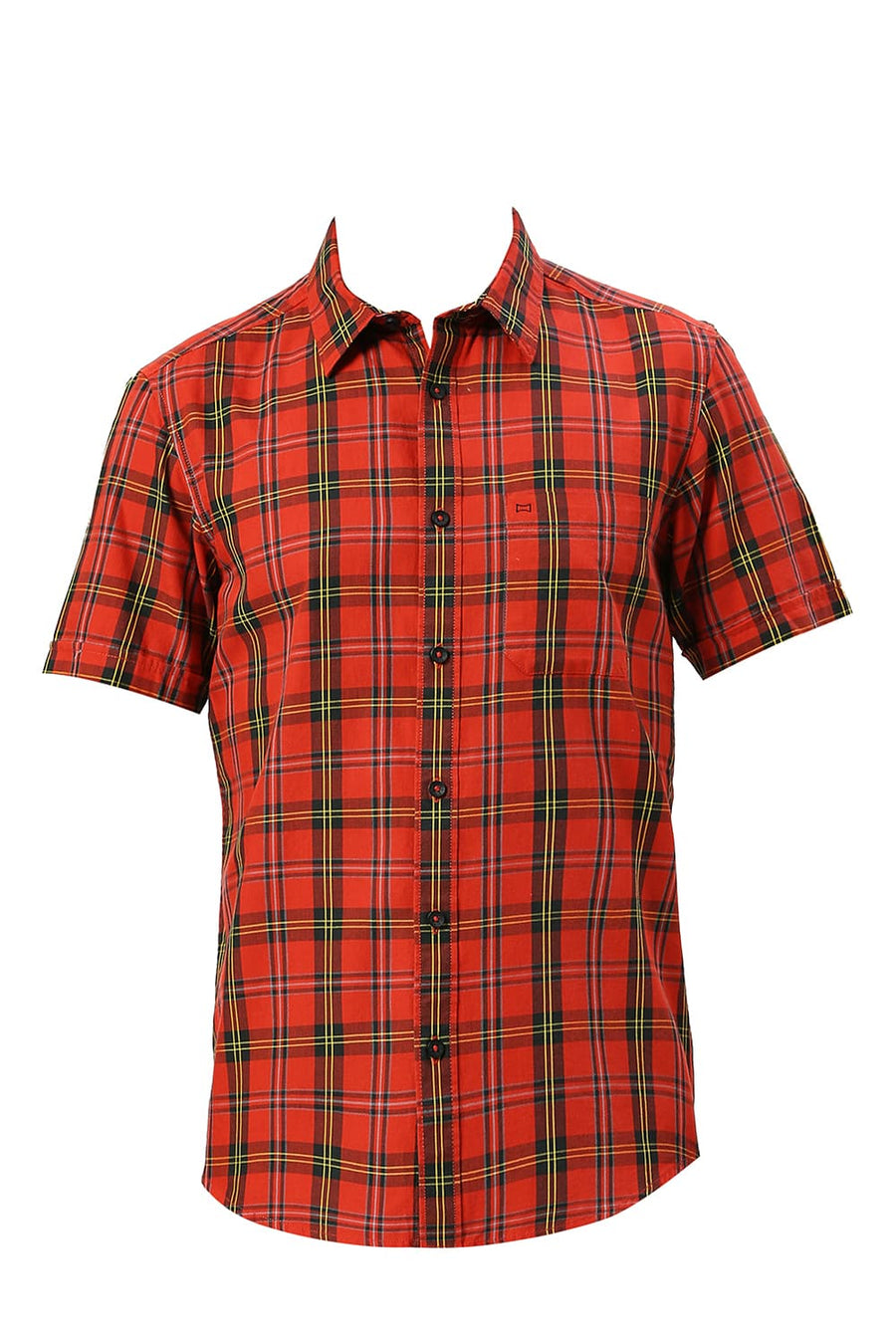 BASICS SLIM FIT AURORA RED COTTON TWILL CHECKS HALFSLEEVES SHIRT