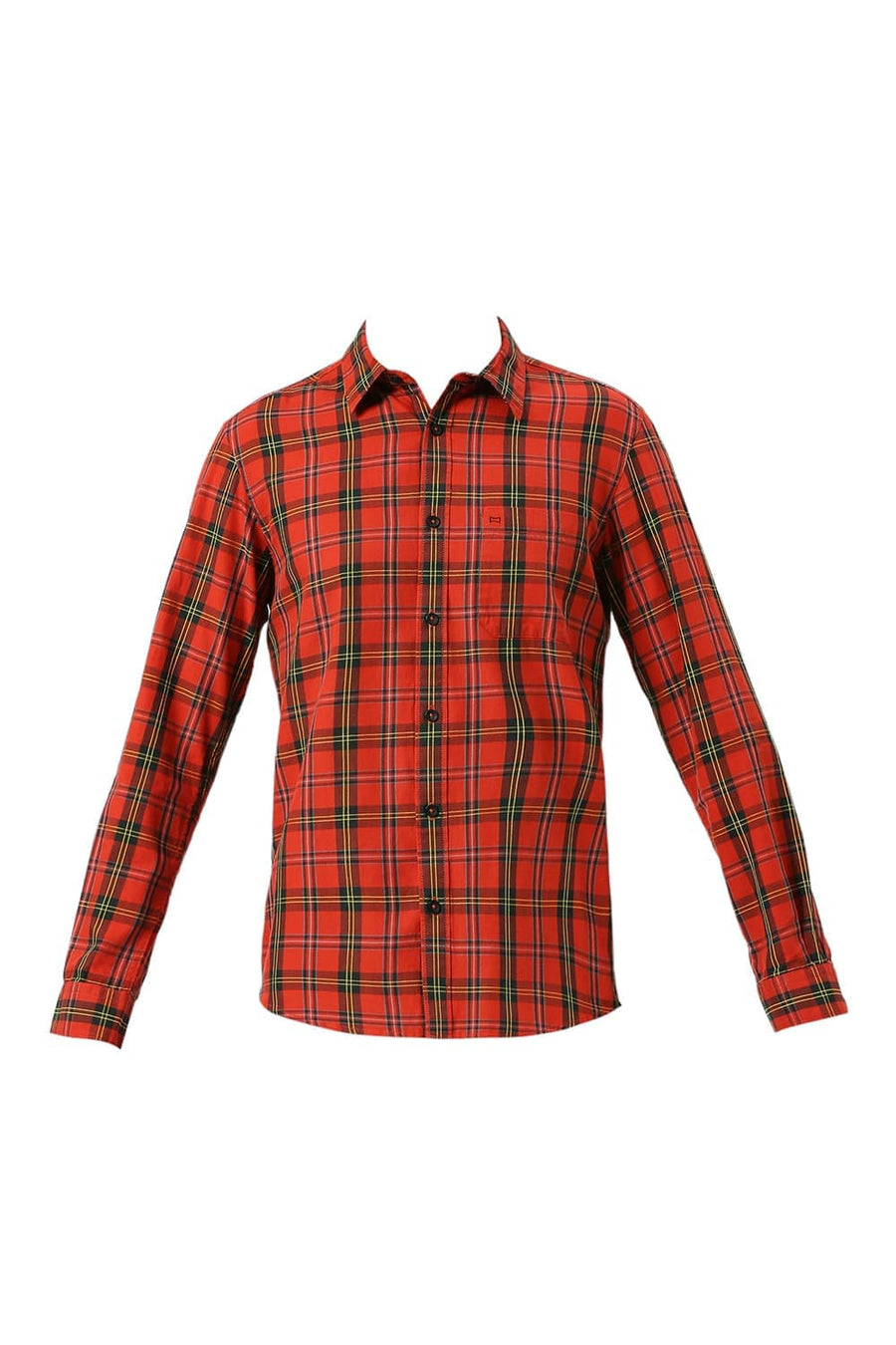 BASICS SLIM FIT AURORA RED COTTON TWILL CHECKS SHIRT