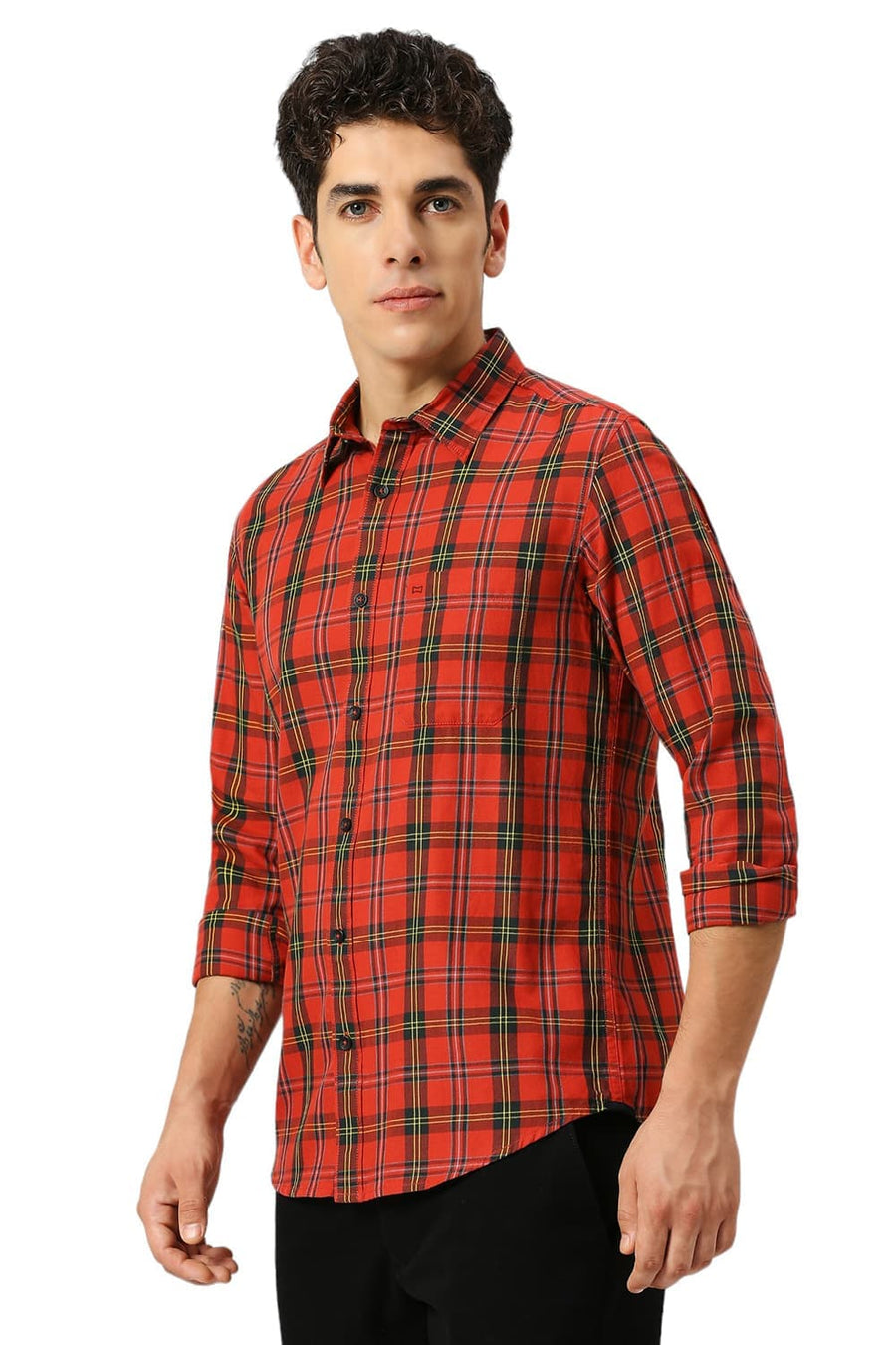 BASICS SLIM FIT AURORA RED COTTON TWILL CHECKS SHIRT