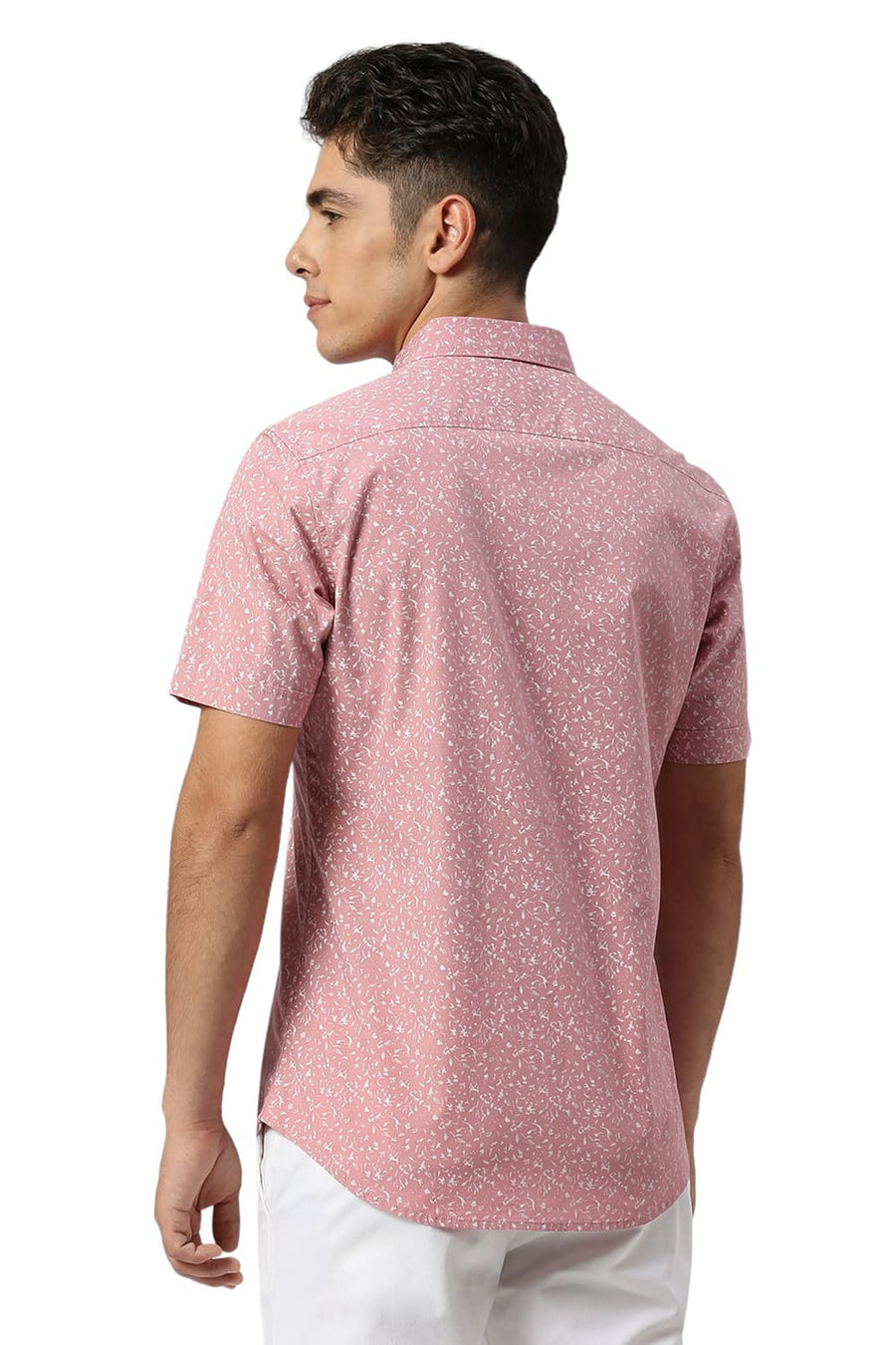 BASICS SLIM FIT BLEACHED PINK COTTON PRINTED HALFSLEEVES SHIRT
