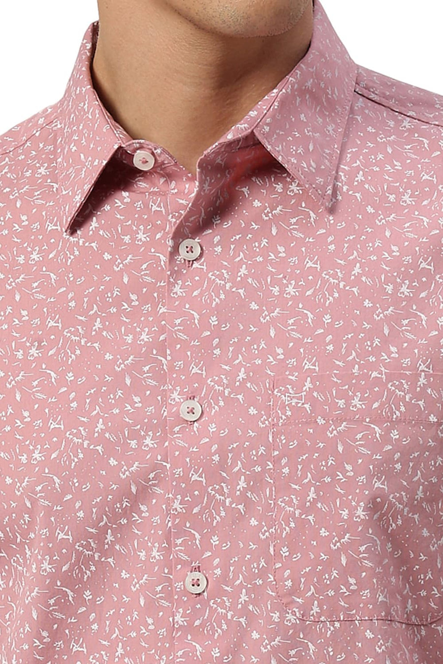 BASICS SLIM FIT BLEACHED PINK COTTON PRINTED HALFSLEEVES SHIRT