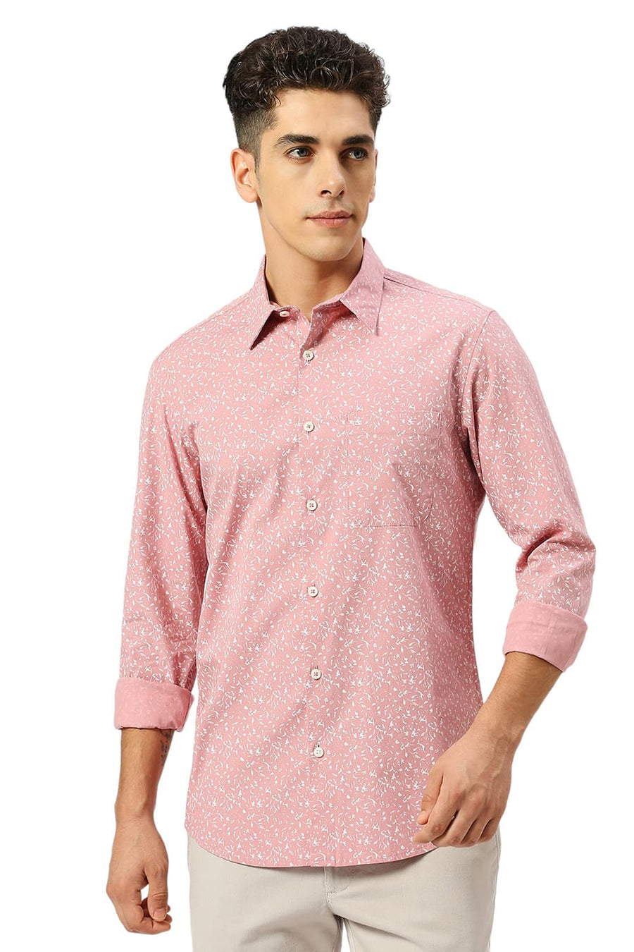 BASICS SLIM FIT BLEACHED PINK COTTON PRINTED SHIRT