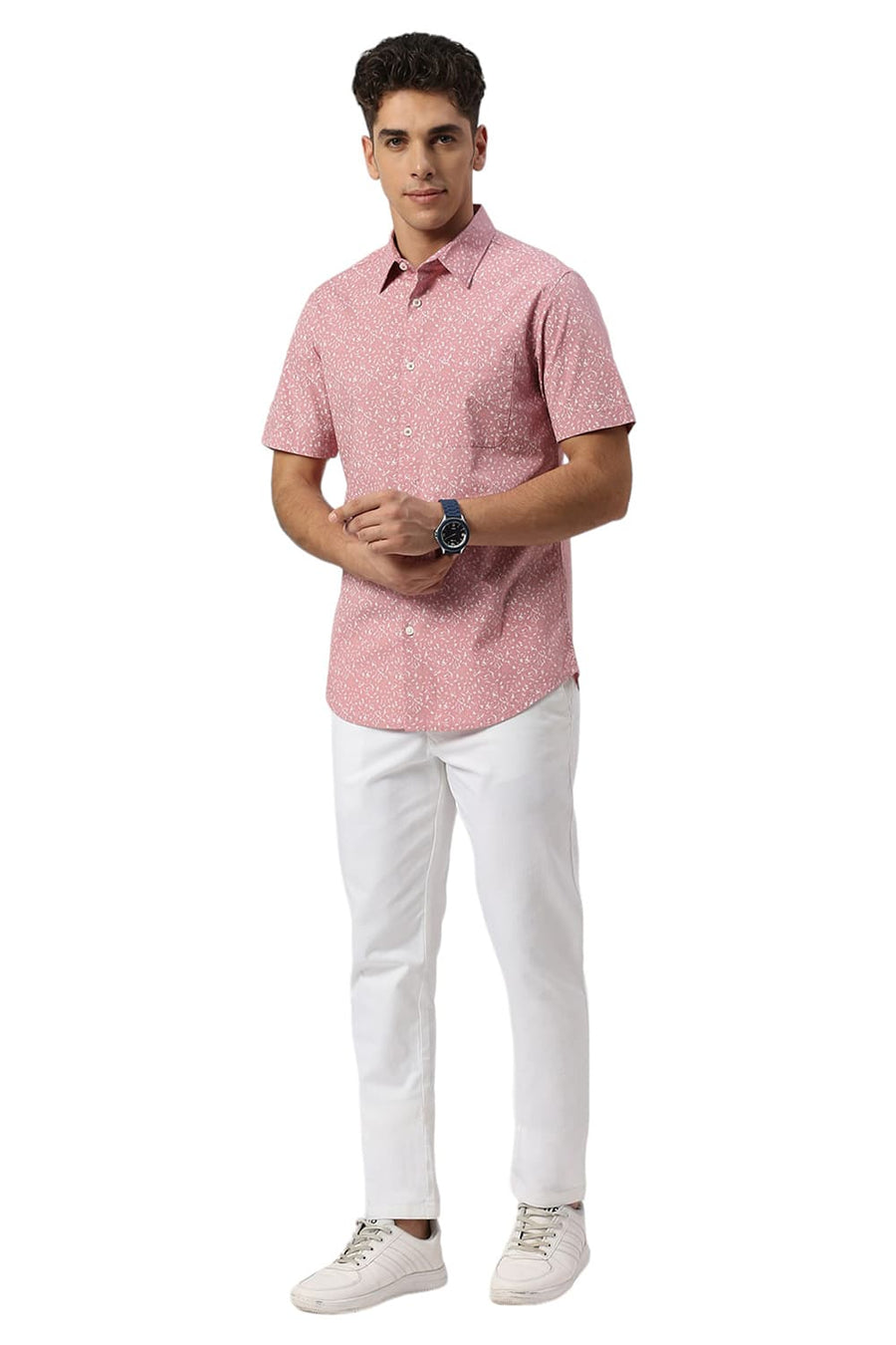 BASICS SLIM FIT BLEACHED PINK COTTON PRINTED HALFSLEEVES SHIRT