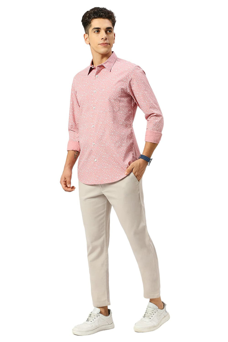 BASICS SLIM FIT BLEACHED PINK COTTON PRINTED SHIRT
