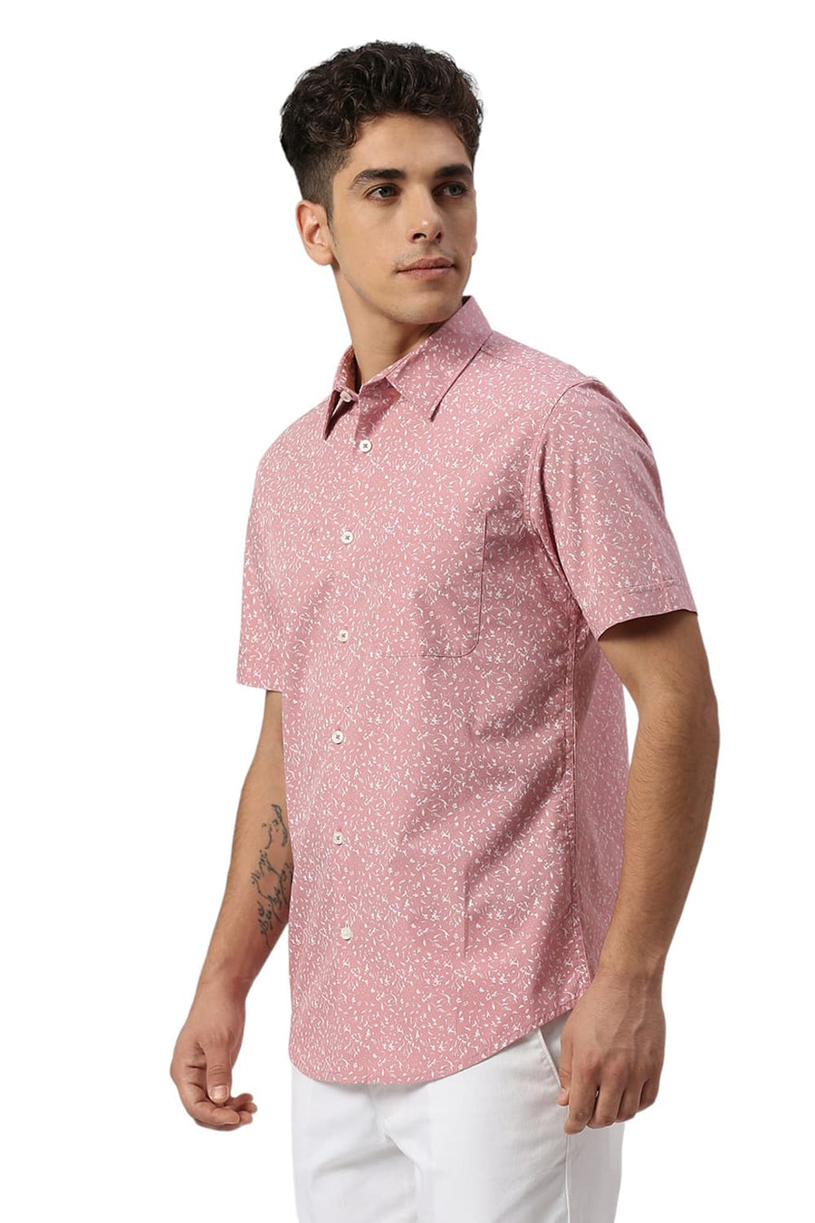BASICS SLIM FIT BLEACHED PINK COTTON PRINTED HALFSLEEVES SHIRT