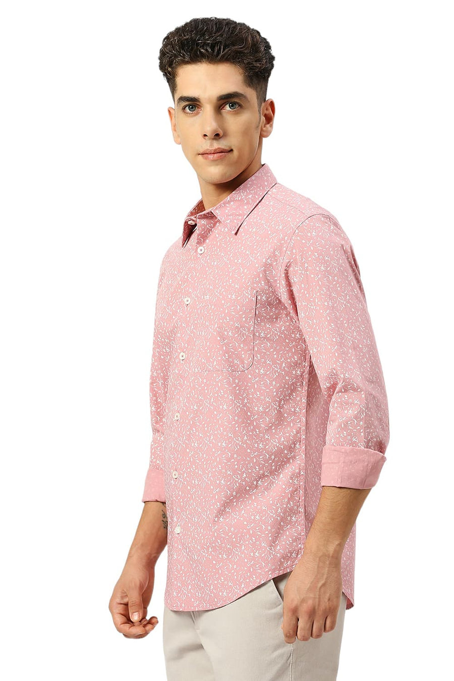 BASICS SLIM FIT BLEACHED PINK COTTON PRINTED SHIRT