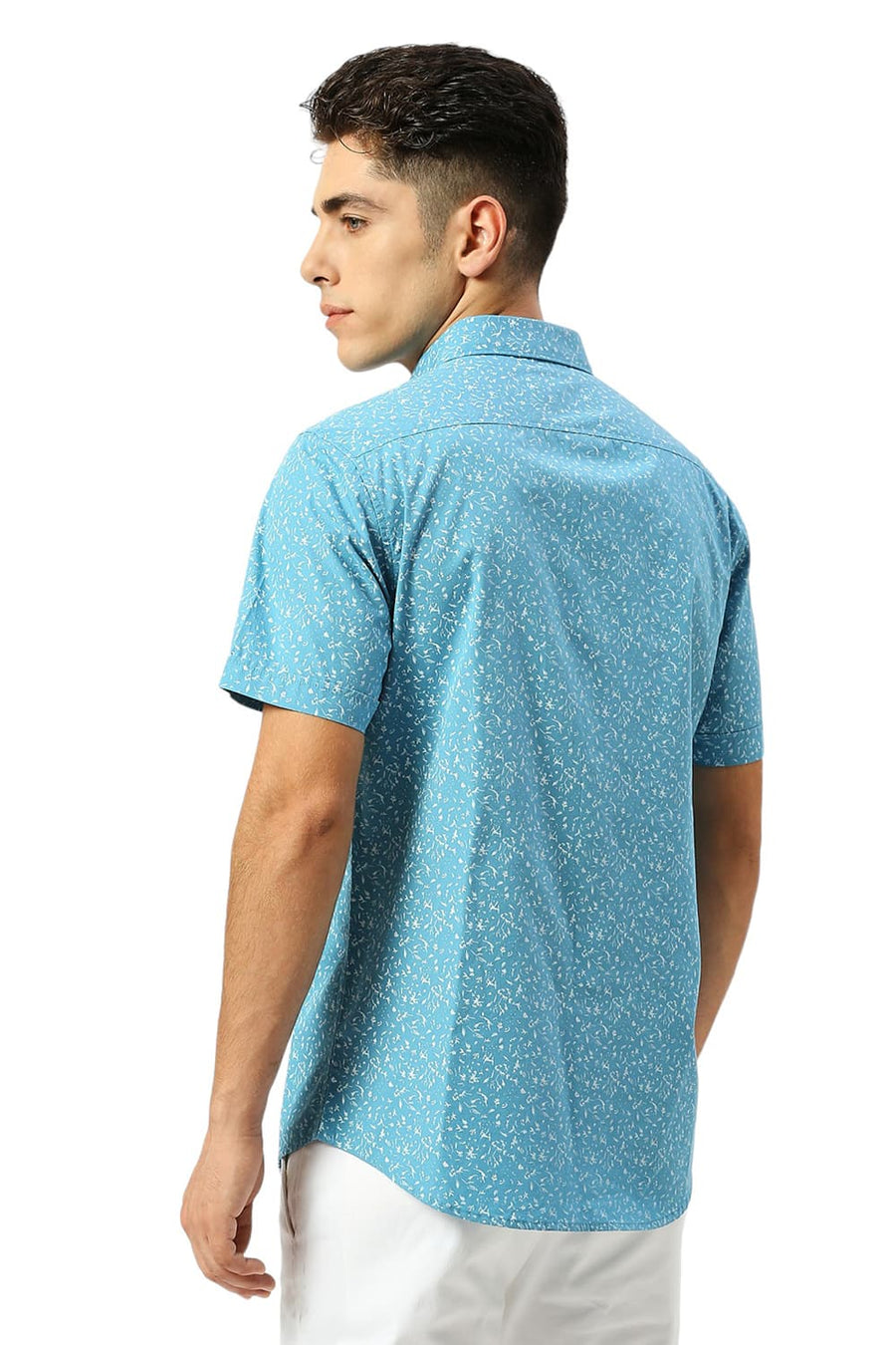 BASICS SLIM FIT DELPHINIUM BLUE COTTON PRINTED HALFSLEEVES SHIRT