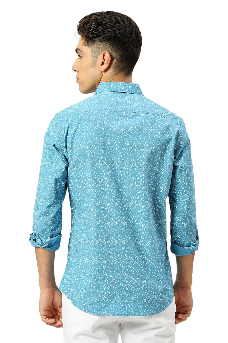 BASICS SLIM FIT DELPHINIUM BLUE COTTON PRINTED SHIRT