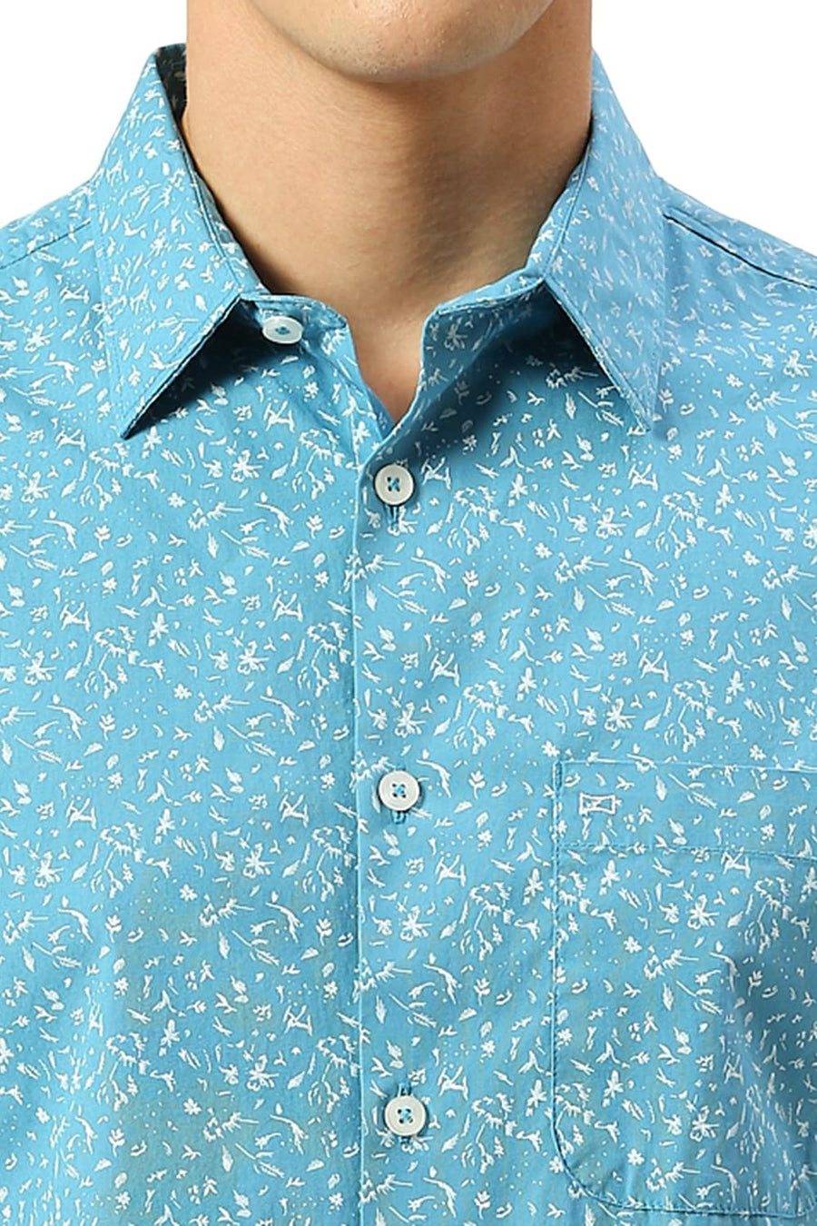 BASICS SLIM FIT DELPHINIUM BLUE COTTON PRINTED HALFSLEEVES SHIRT