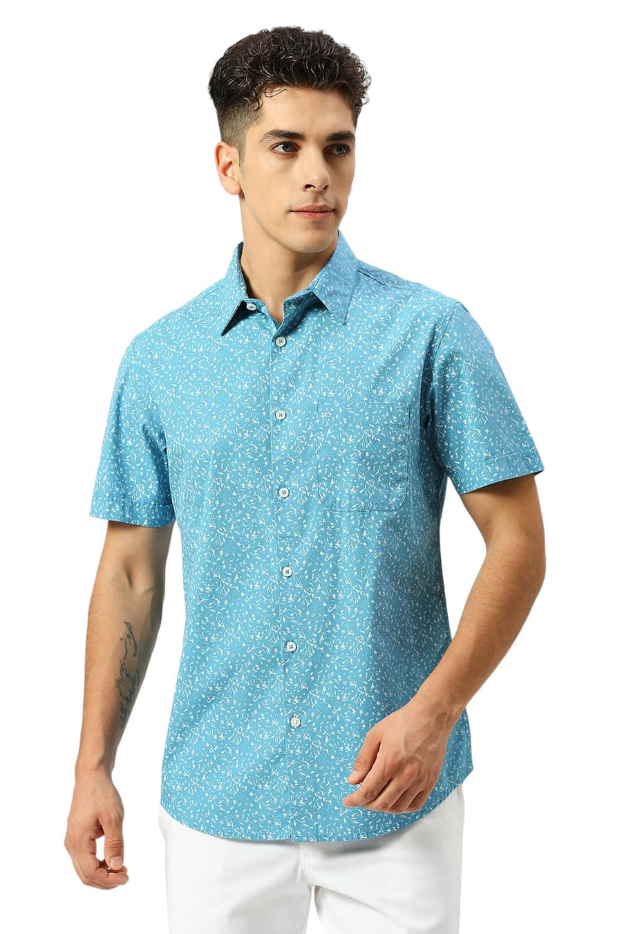 BASICS SLIM FIT DELPHINIUM BLUE COTTON PRINTED HALFSLEEVES SHIRT