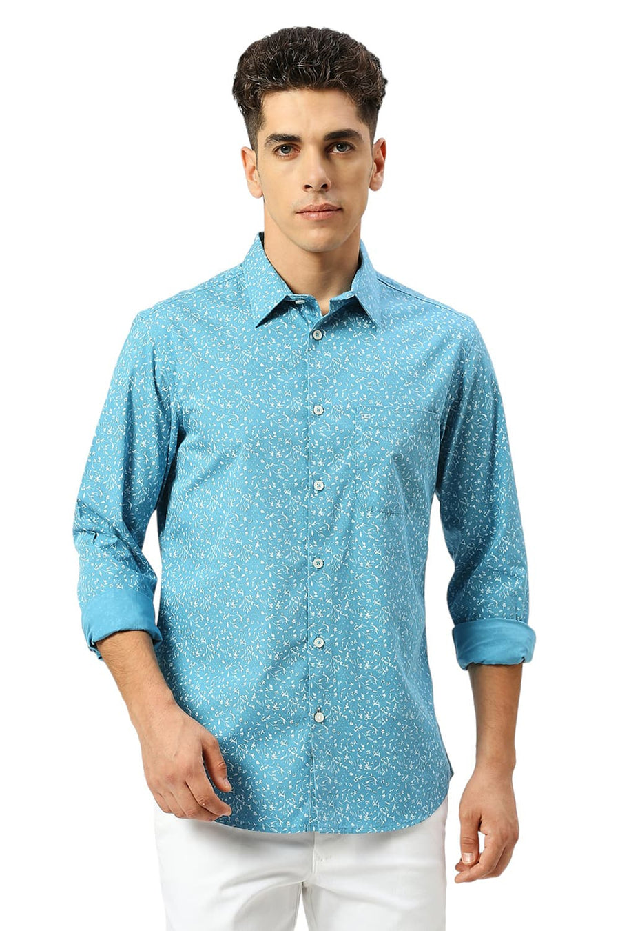 BASICS SLIM FIT DELPHINIUM BLUE COTTON PRINTED SHIRT