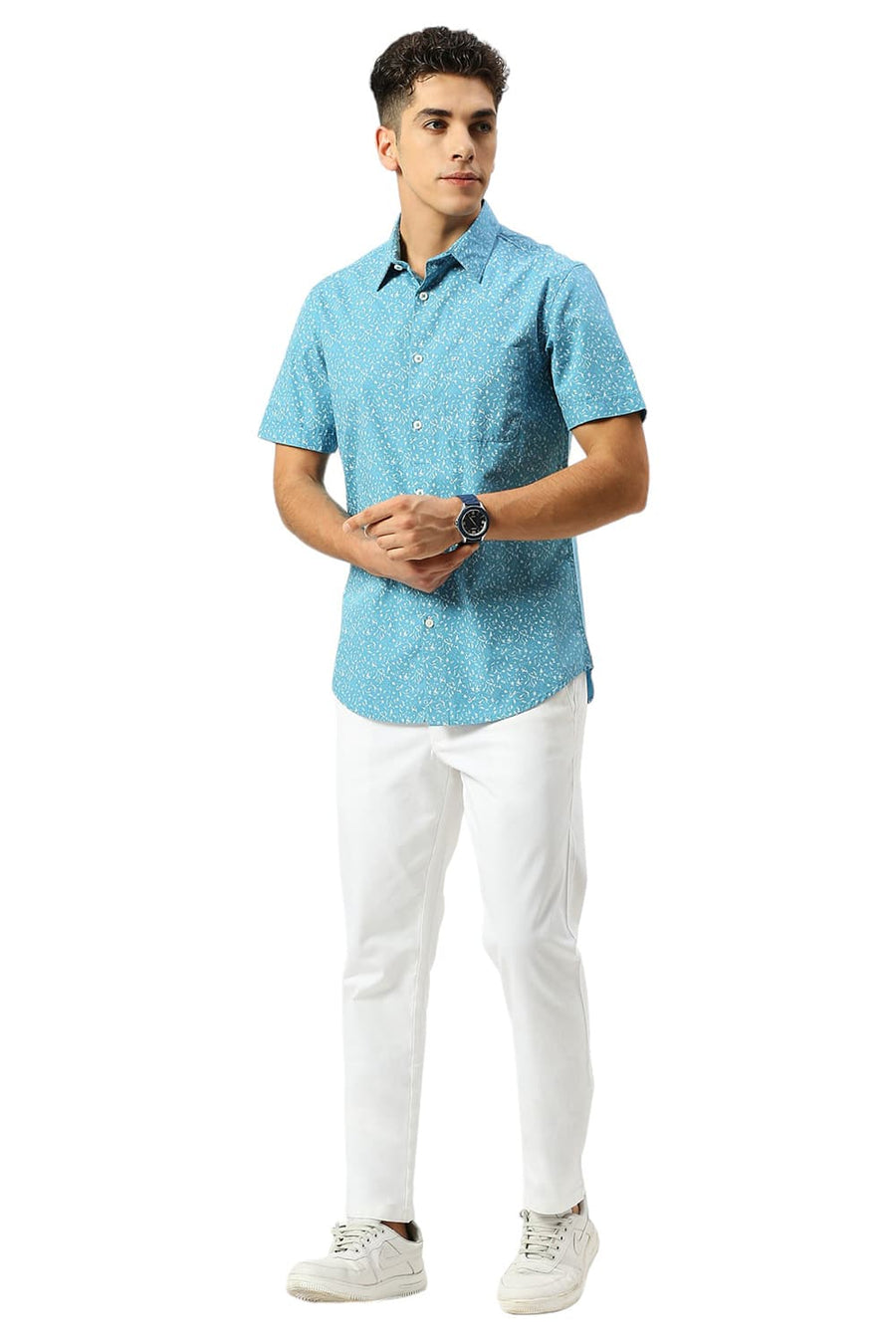 BASICS SLIM FIT DELPHINIUM BLUE COTTON PRINTED HALFSLEEVES SHIRT