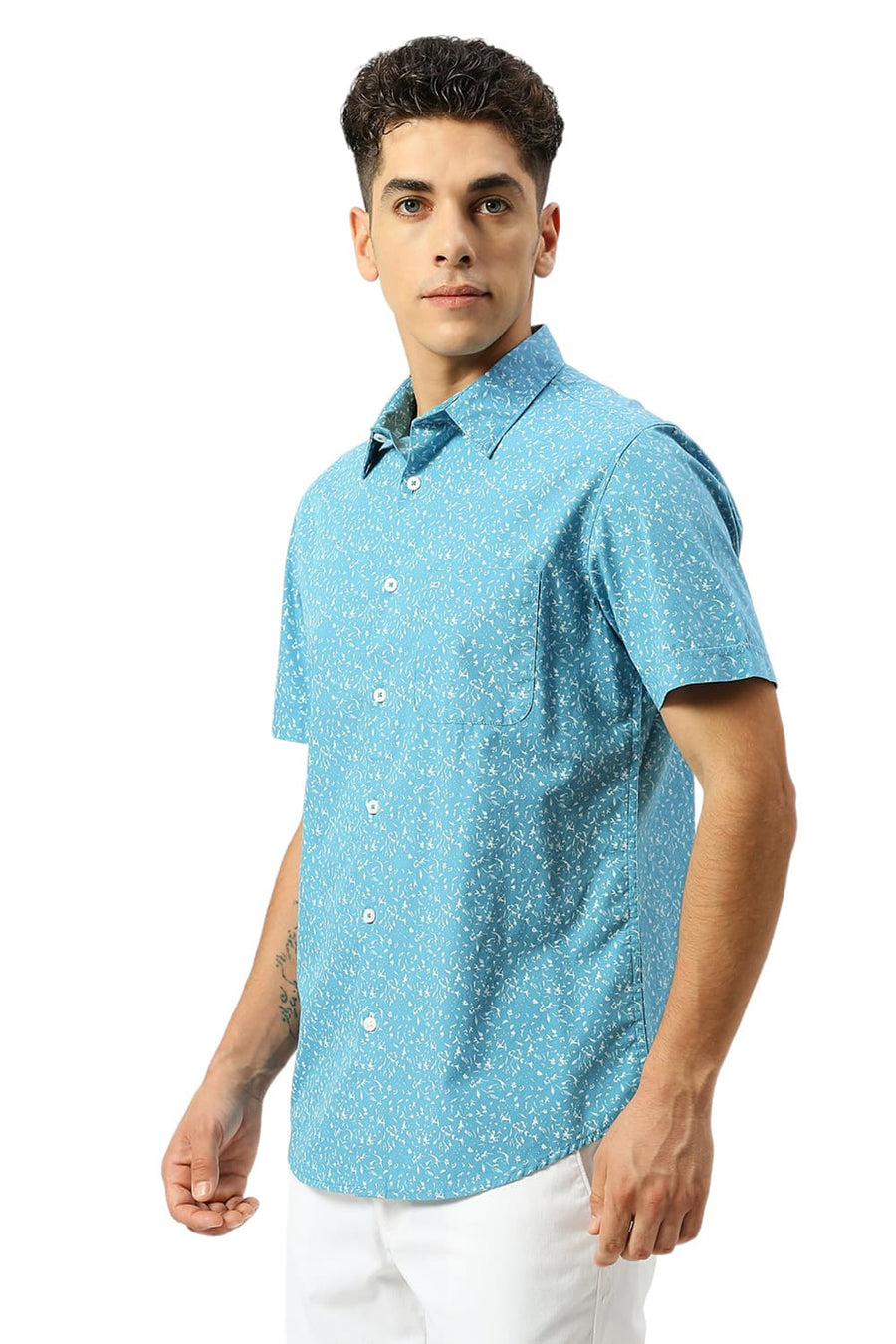 BASICS SLIM FIT DELPHINIUM BLUE COTTON PRINTED HALFSLEEVES SHIRT