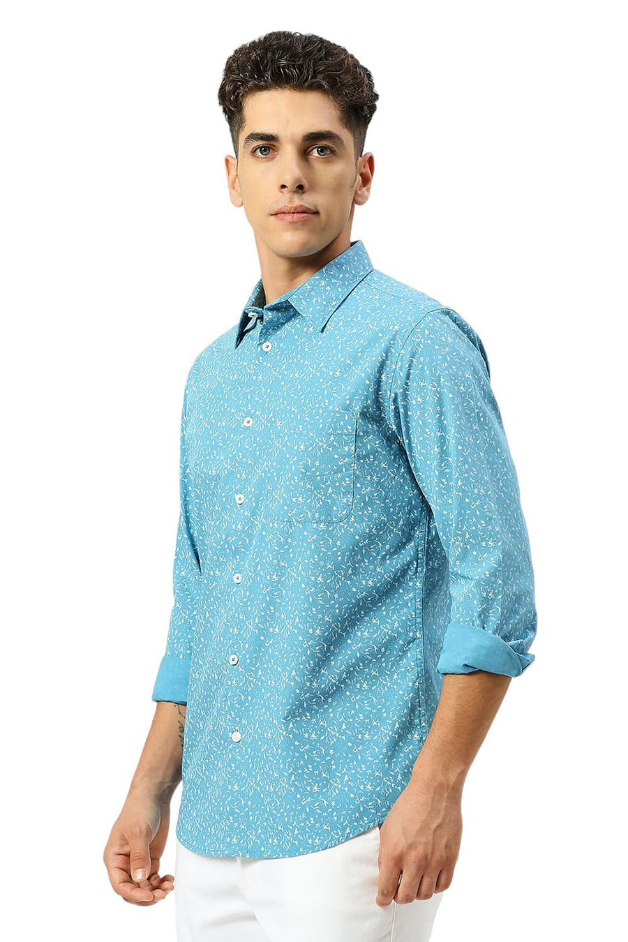 BASICS SLIM FIT DELPHINIUM BLUE COTTON PRINTED SHIRT