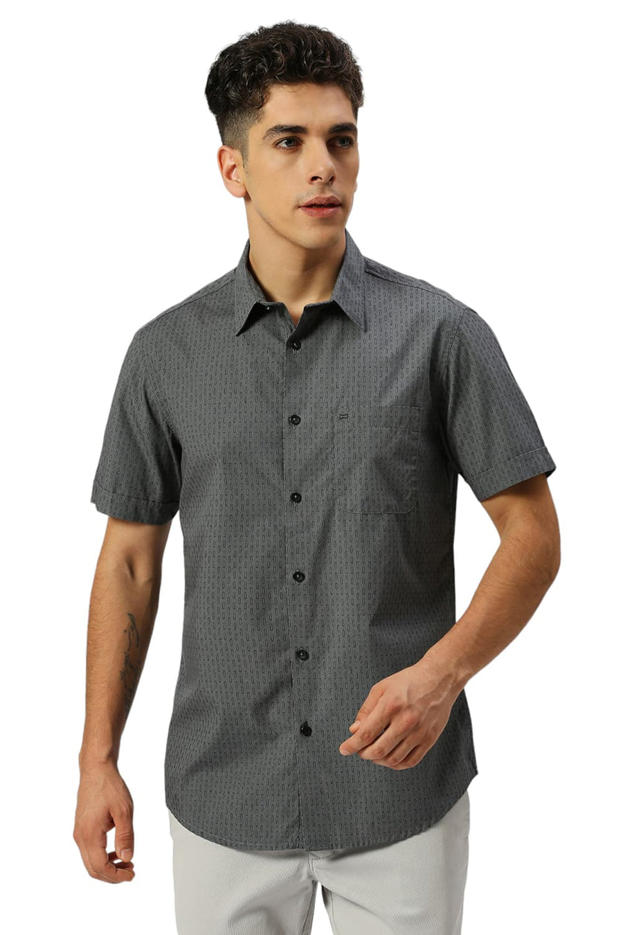 BASICS SLIM FIT GRIFFIN GREY COTTON PRINTED HALFSLEEVES SHIRT