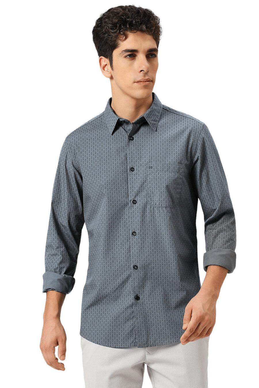BASICS SLIM FIT GRIFFIN GREY COTTON PRINTED SHIRT