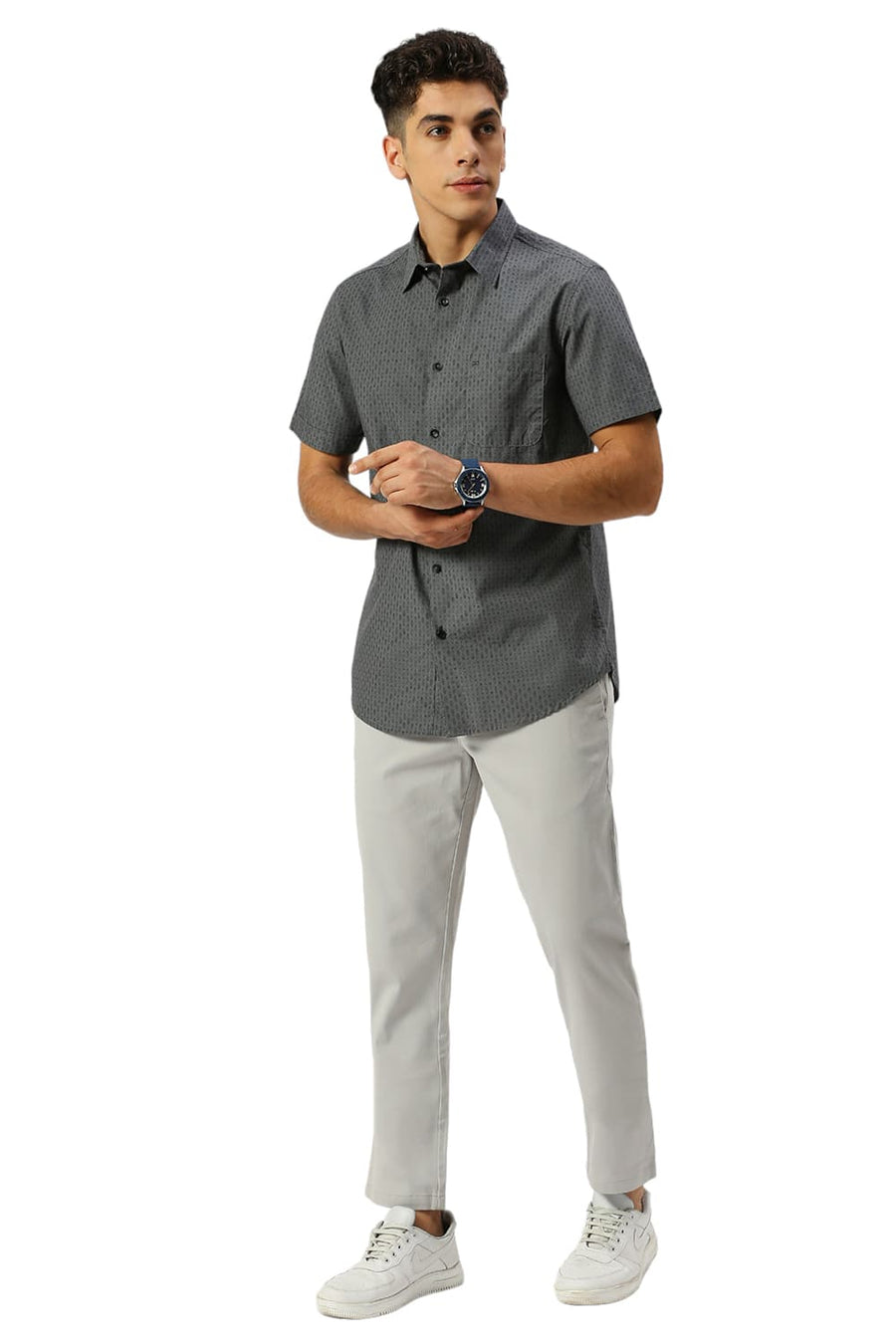 BASICS SLIM FIT GRIFFIN GREY COTTON PRINTED HALFSLEEVES SHIRT