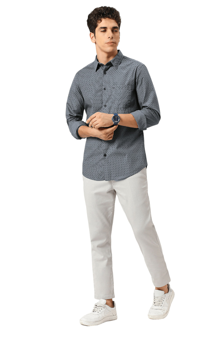 BASICS SLIM FIT GRIFFIN GREY COTTON PRINTED SHIRT