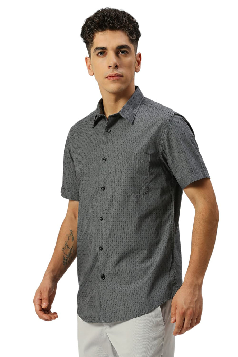 BASICS SLIM FIT GRIFFIN GREY COTTON PRINTED HALFSLEEVES SHIRT