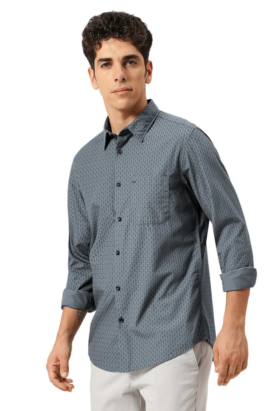 BASICS SLIM FIT GRIFFIN GREY COTTON PRINTED SHIRT